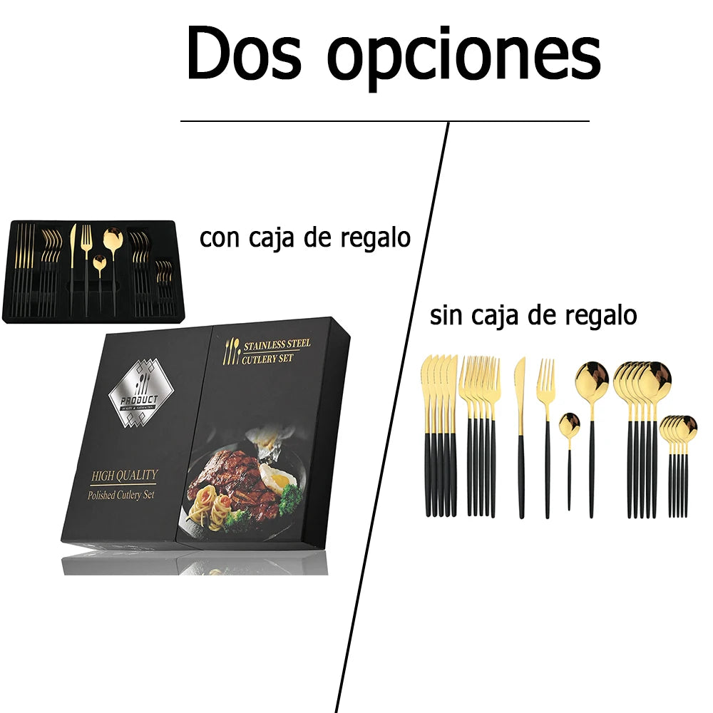 24-Piece Black & Gold Stainless Steel Cutlery Set – Luxury Knife, Fork & Spoon Flatware for Kitchen, Dining, Festival & Gift