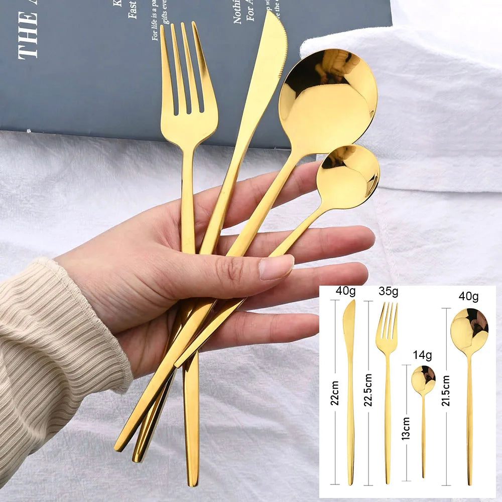 24-Piece Black & Gold Stainless Steel Cutlery Set – Luxury Knife, Fork & Spoon Flatware for Kitchen, Dining, Festival & Gift