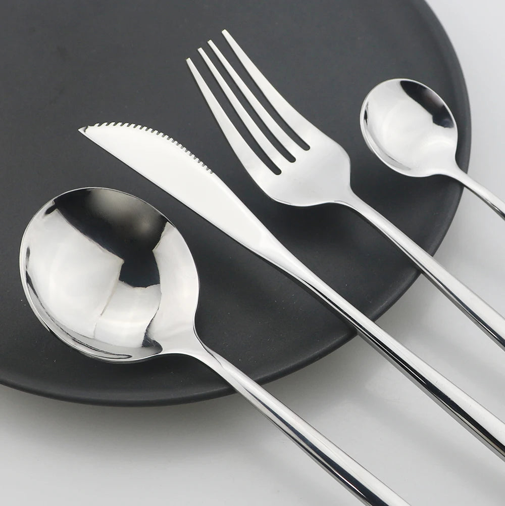 24-Piece Black & Gold Stainless Steel Cutlery Set – Luxury Knife, Fork & Spoon Flatware for Kitchen, Dining, Festival & Gift