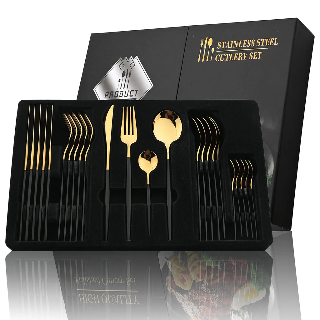 24-Piece Black & Gold Stainless Steel Cutlery Set – Luxury Knife, Fork & Spoon Flatware for Kitchen, Dining, Festival & Gift
