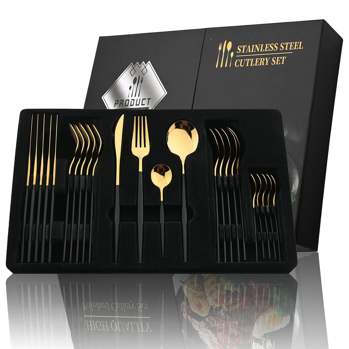 24-Piece Black & Gold Stainless Steel Cutlery Set – Luxury Knife, Fork & Spoon Flatware for Kitchen, Dining, Festival & Gift
